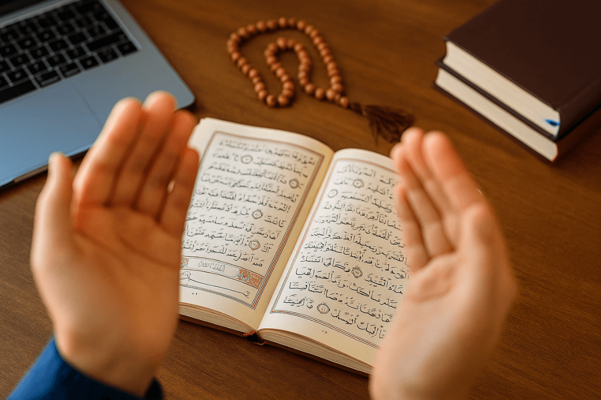 فتاة مسلمة تذاكر بهدوء في غرفة مضيئة، تعبّر عن التركيز والطمأنينة – أفضل دعاء للمذاكرة وعدم النسيان