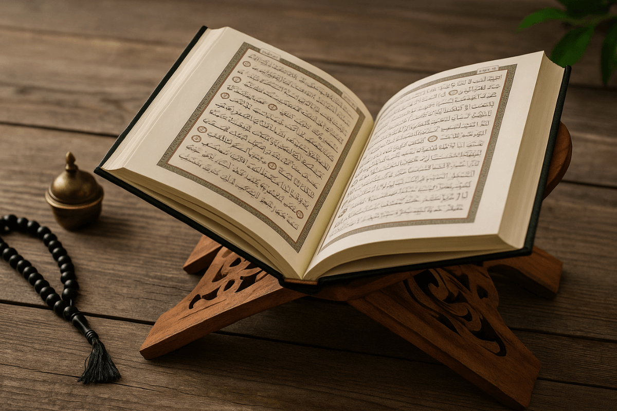 صورة توضح أجواء روحانية مع القرآن الكريم، تعكس أهمية الدعاء في حياة المسلم، ضمن مقال عن فوائد اجمل دعاء قصير