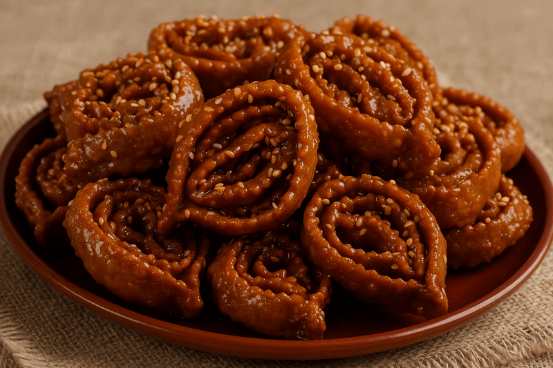 صورة لحلوى الشباكية المغربية التقليدية مغطاة بالعسل والسمسم، تُعد من أبرز حلويات مغربية رمضانية تقدم في الإفطار