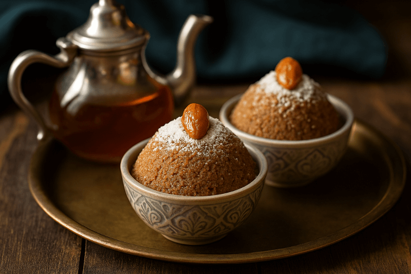 طبق سلو المغربي (السفوف) التقليدي مزين باللوز والسكر البودرة، ويُقدّم في رمضان كمصدر غني بالطاقة.