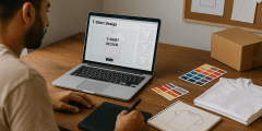 مصمم يرفع تصميم تي-شيرت على منصة Merch by Amazon من لابتوب، مع أيقونات تصميم ومخطط خطوات البدء نحو القبول وأول مبيعات.