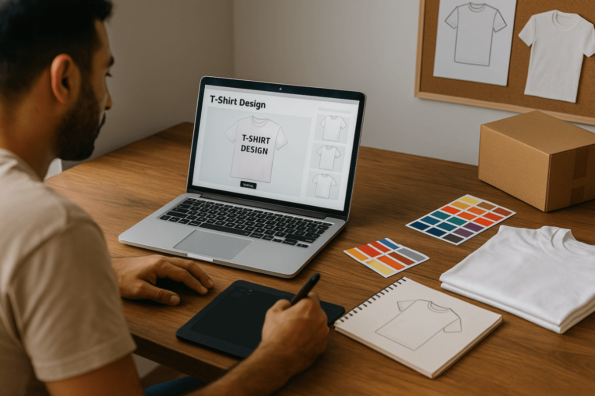 مصمم يرفع تصميم تي-شيرت على منصة Merch by Amazon من لابتوب، مع أيقونات تصميم ومخطط خطوات البدء نحو القبول وأول مبيعات.