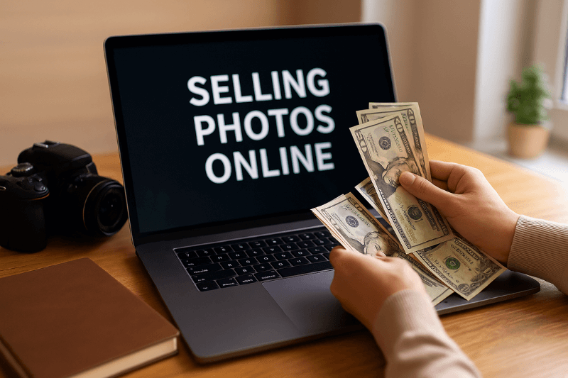 كاميرا تصوير احترافية مع أوراق مالية ترمز إلى الربح من بيع الصور عبر الإنترنت