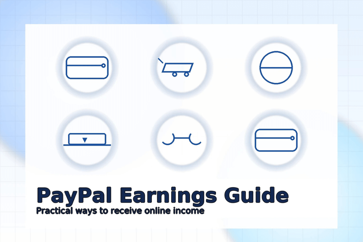 طرق الربح من PayPal: تصميم غلاف بأيقونات محفظة ومتجر وعمل حر