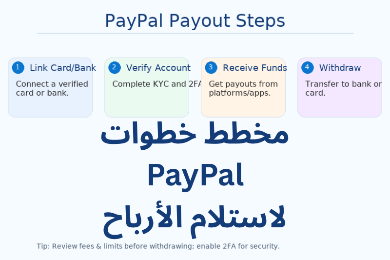 مخطط خطوات PayPal لاستلام الأرباح: ربط بطاقة/حساب بنكي، التحقق الثنائي، استلام الرصيد، ثم السحب.