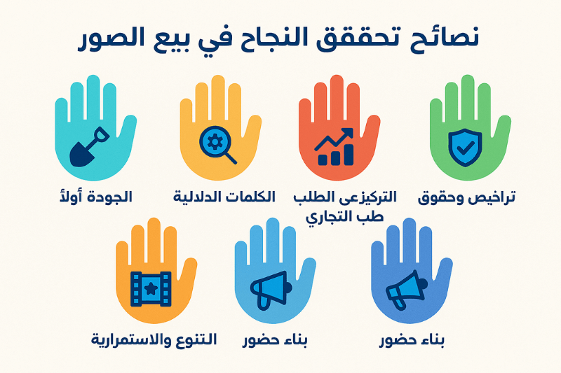 الصورة عبارة عن إنفوجرافيك بأسلوب مسطح (Flat-style) يعرض نصائح وإرشادات للمصورين حول بيع الصور عبر الإنترنت، ويتضمن أيقونات توضيحية مرتبطة بالتصوير، التسويق، وتحقيق الأرباح، مع تصميم عصري وألوان جذابة.