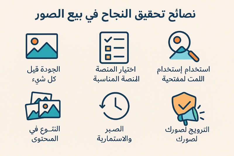 إنفوجرافيك أنيق يوضح سبع نصائح أساسية لتحقيق النجاح في بيع الصور عبر الإنترنت، يتضمن أيقونات ملونة وعناوين قصيرة لكل نصيحة. الألوان المستخدمة مريحة للعين مع لمسة احترافية.