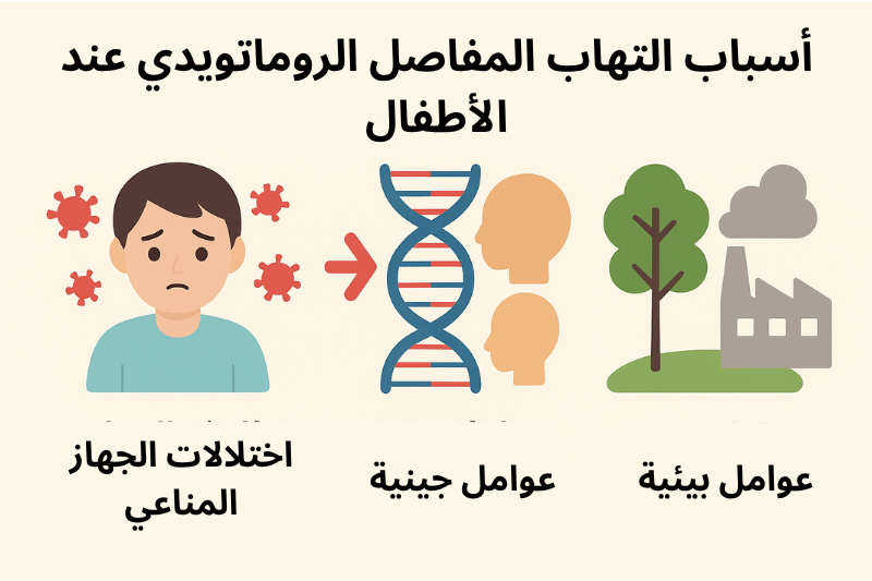 أسباب التهاب المفاصل الروماتويدي عند الأطفال، تشمل خلل في الجهاز المناعي، عوامل جينية، وعوامل بيئية.