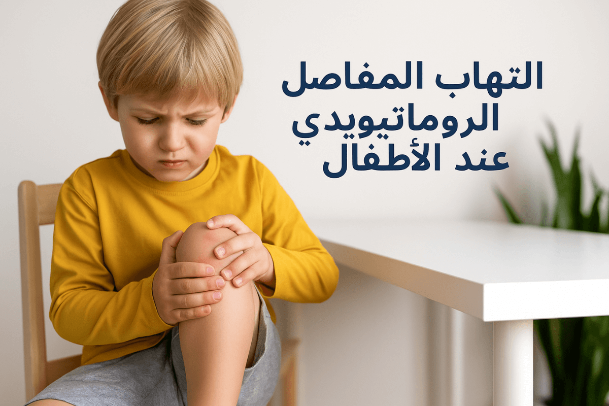 صورة توضيحية لطفل يعاني من آلام وتورم في الركبة، ممسكًا بركبته المتورمة، تمثل حالة التهاب المفاصل الروماتويدي عند الأطفال.