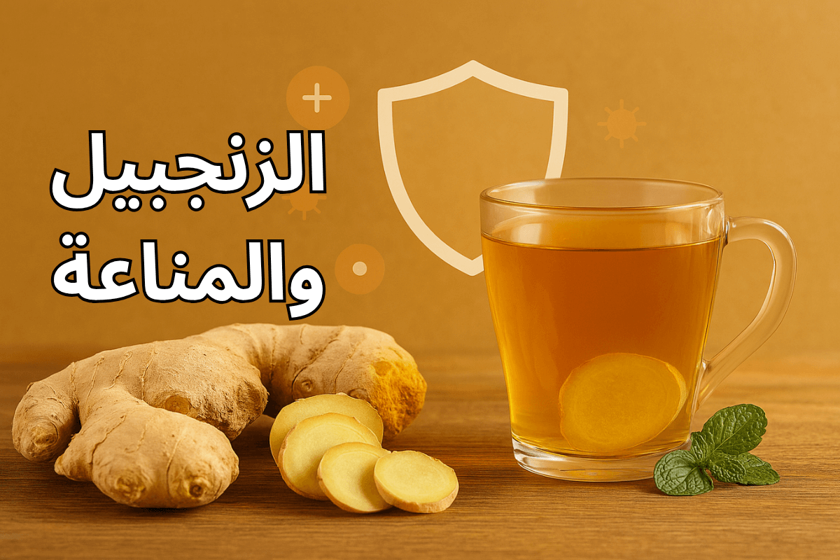 صورة جذابة لقطع الزنجبيل الطازج وكوب شاي أعشاب تعكس فوائد الزنجبيل والمناعة، مع عناصر توحي بالقوة والصحة
