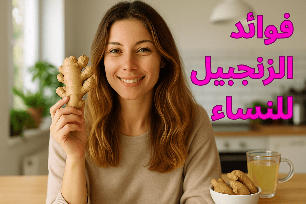 امرأة شابة تمسك بقطعة من الزنجبيل الطازج، تمثل فوائد الزنجبيل للنساء في تعزيز الصحة والجمال